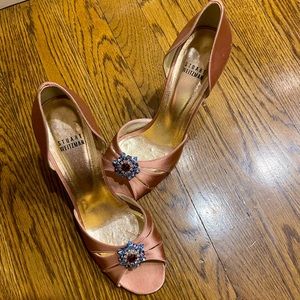 Pink satin heels with blue/pink rhinestone